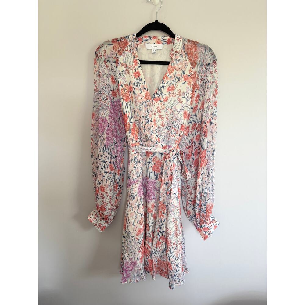 Reiss Keira Floral Long Sleeve Minidress Size XS/2 V-Neck Tie Waist Retail $330 - Picture 3 of 6